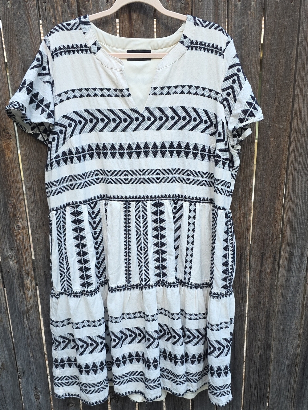 Black & White 100% Cotton Geometric Aztec V-Neck Women's Dress Pockets Boho